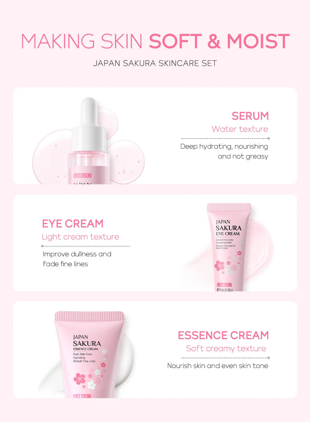 3-Piece Sakura Skin Care Set – Vitamin C & 24K Gold Face Cream, Serum & Eye Cream