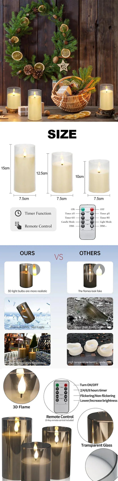 LED Flameless Flickering Candle Set (with Remote Timer)
