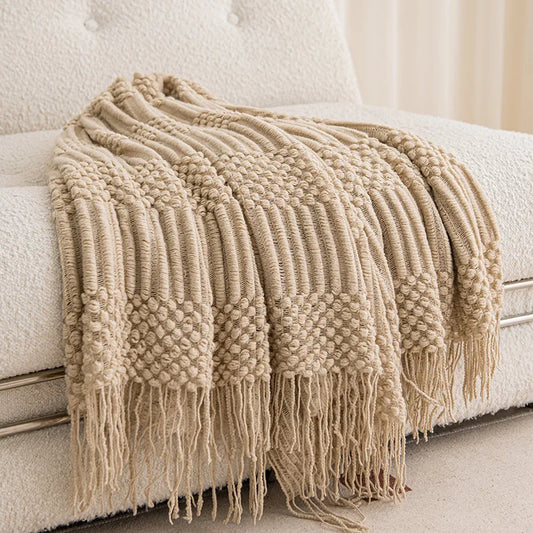 Khaki Knitted Chunky Tassel Blanket – Vintage Farmhouse Throw & Oversized Bedspread | Luxury  Acrylic Sofa Cover