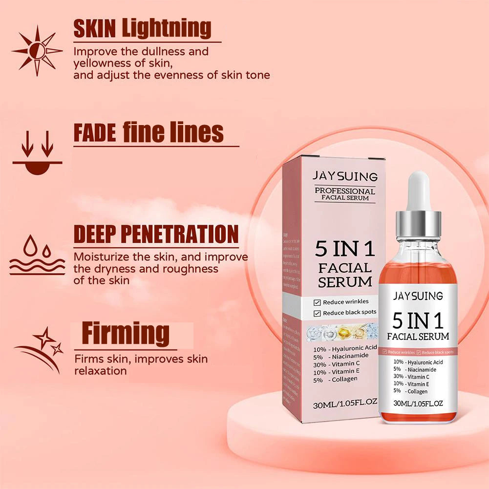 5-in-1 Firming & Brightening Face Serum – Vitamin C + Hyaluronic Acid | Fine Line Fading, Pore-Shrinking, Anti-Aging Moisturizing Serum