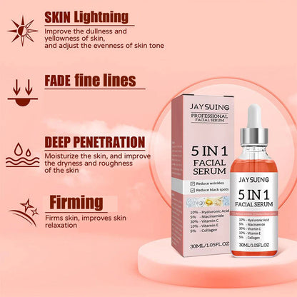 5-in-1 Firming & Brightening Face Serum – Vitamin C + Hyaluronic Acid | Fine Line Fading, Pore-Shrinking, Anti-Aging Moisturizing Serum