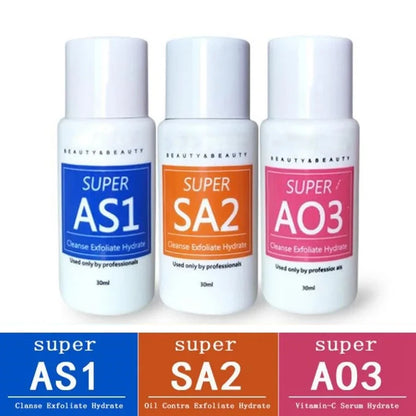 Concentrated Aqua Peel Exfoliating Solution Set – AS1 • SA2 • AO3 Serums | Deep-Cleaning Hydrafacial Liquid for Small Bubble Machines, Whitening, Moisturizing & Skin Rejuvenation (3pcs)