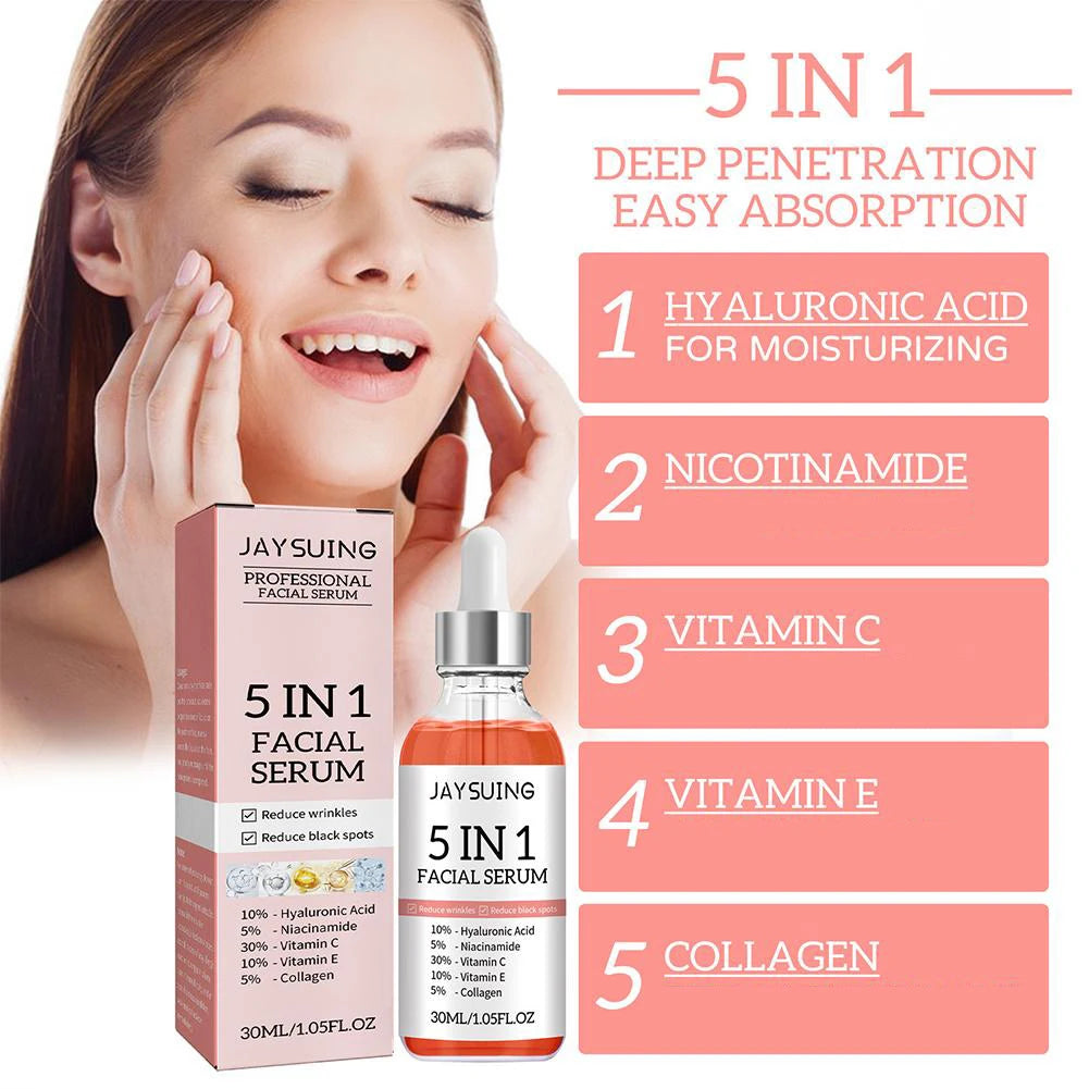 5-in-1 Firming & Brightening Face Serum – Vitamin C + Hyaluronic Acid | Fine Line Fading, Pore-Shrinking, Anti-Aging Moisturizing Serum