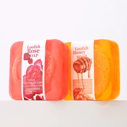 Natural Organic Rose Loofah Soap Bar – Exfoliating Silk Gourd Oil Soap | Deep Cleaning & Brightening Lemon Facial & Body Wash | Handmade 100g Rose Whitening Soap