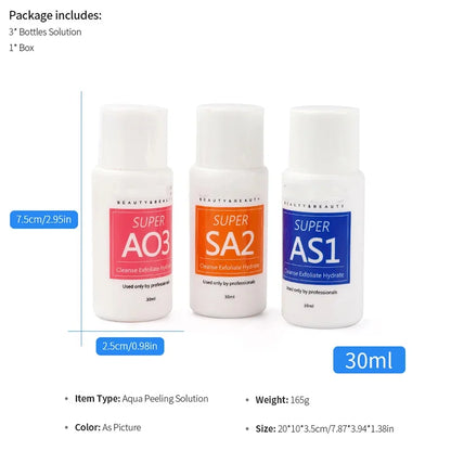 Concentrated Aqua Peel Exfoliating Solution Set – AS1 • SA2 • AO3 Serums | Deep-Cleaning Hydrafacial Liquid for Small Bubble Machines, Whitening, Moisturizing & Skin Rejuvenation (3pcs)