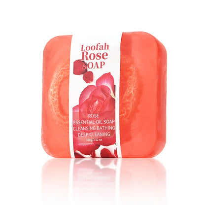 Natural Organic Rose Loofah Soap Bar – Exfoliating Silk Gourd Oil Soap | Deep Cleaning & Brightening Lemon Facial & Body Wash | Handmade 100g Rose Whitening Soap